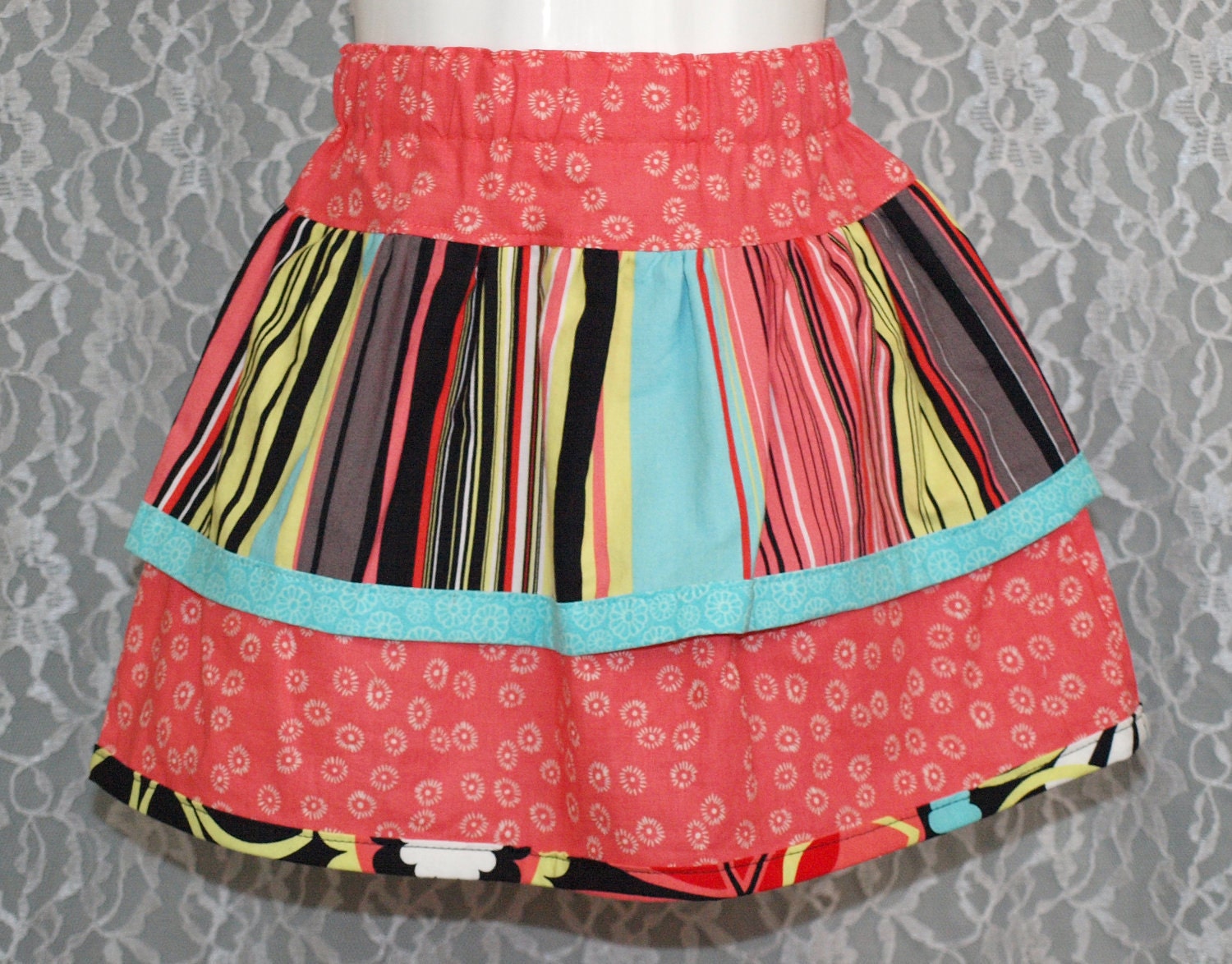 Boutique Girls Skirt - CORAL HYPE STRIPE Double-Layer Skirt - size: 18-24mo