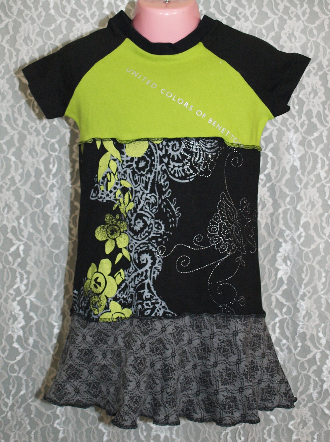 Boutique Upcycled Knit Dress - BLACK LIME WHIMSY - size 4T