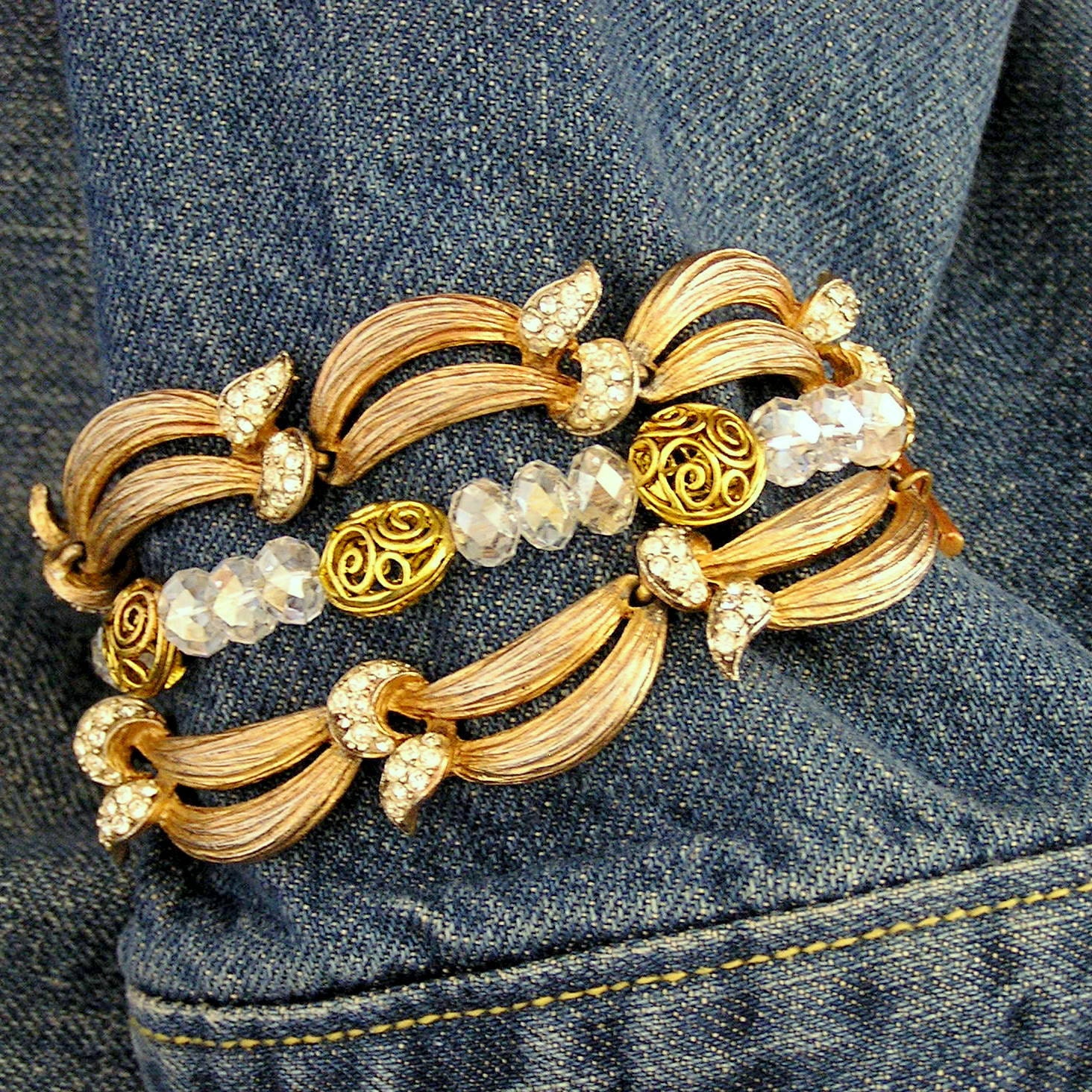 Rhinestone, Crystal and Vintage Assembly Cuff Bracelet in Antique Gold Tones