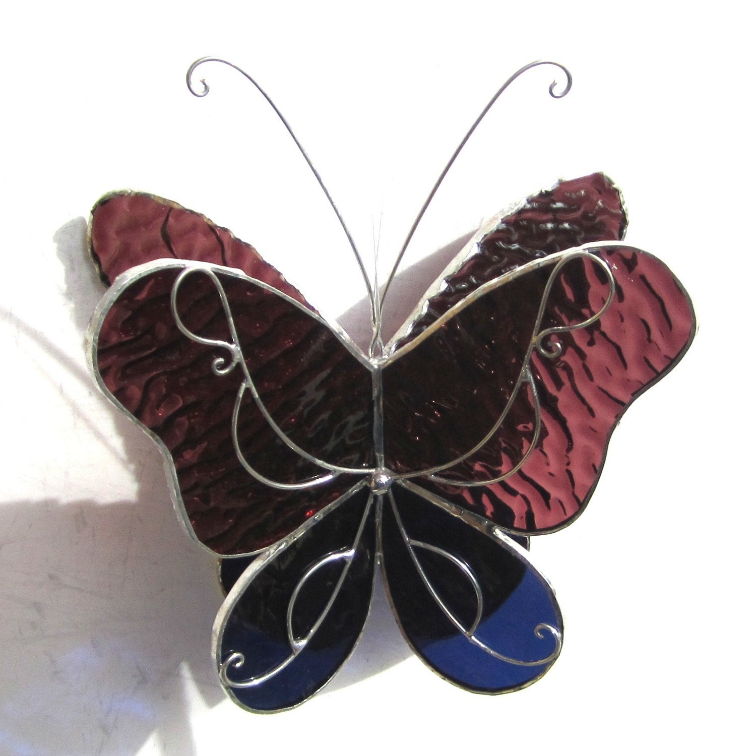 Wavy Wings - Medium 3D Stained Glass Butterfly Twirl - Purple Blue Home and Garden Decoration Hanging Suncatcher Yard Art