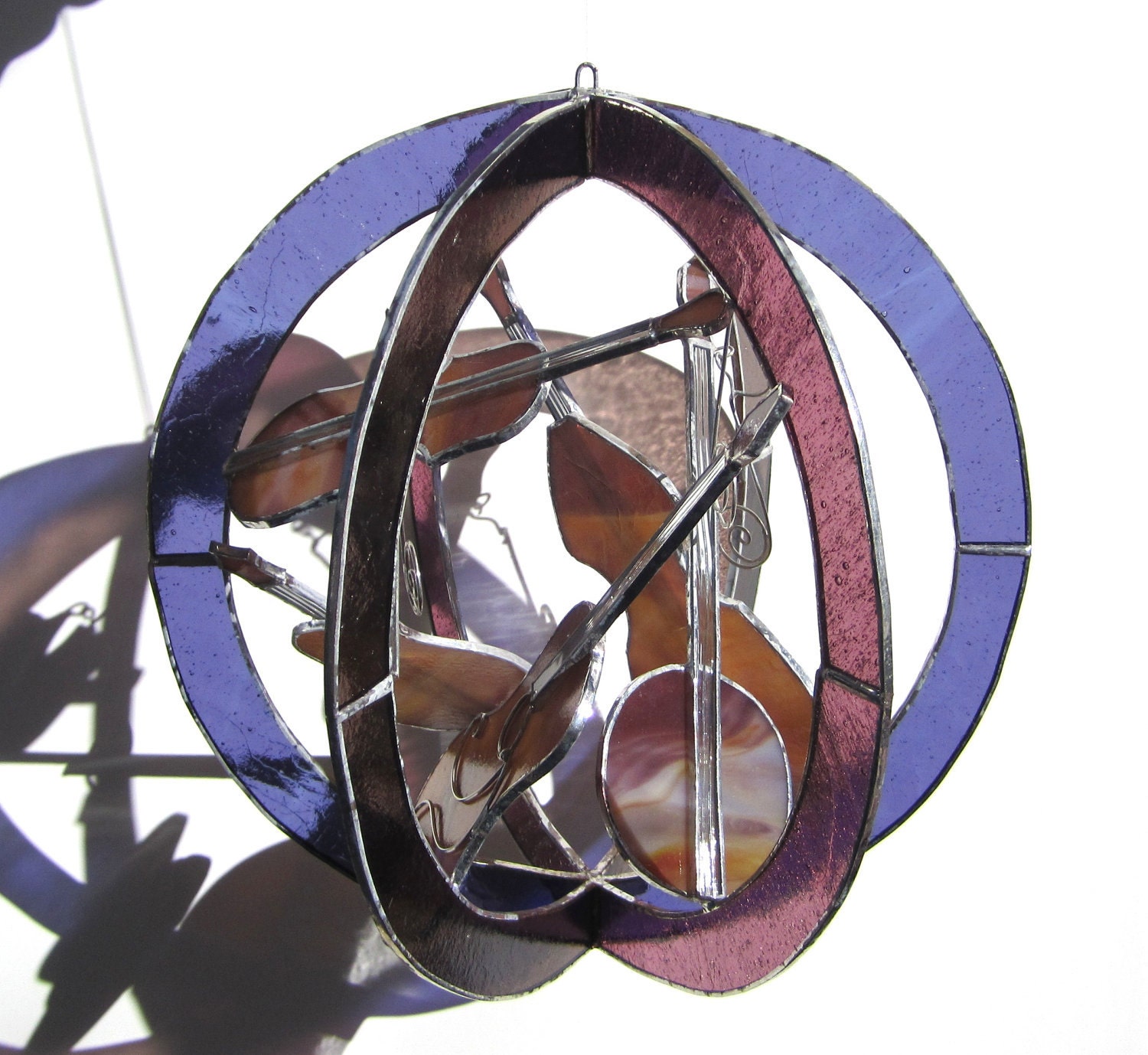 Appalachian Sounds - Large Stained Glass 3D Sphere - Purple Music Instruments Guitar Fiddle Violin Banjo Bass Mandolin Home Decor Suncatcher