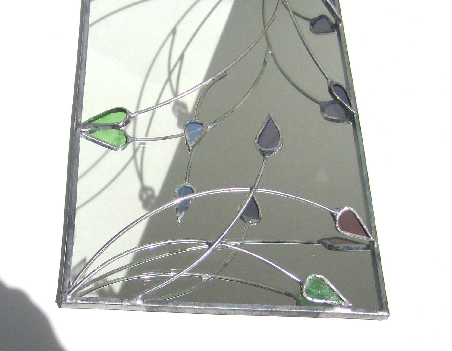 Spring Reflections - 3D Stained Glass Wall Accent - Home Decorative Hanging Wire Mirror Wall Hanging Pastel Leaves Leaf Handmade