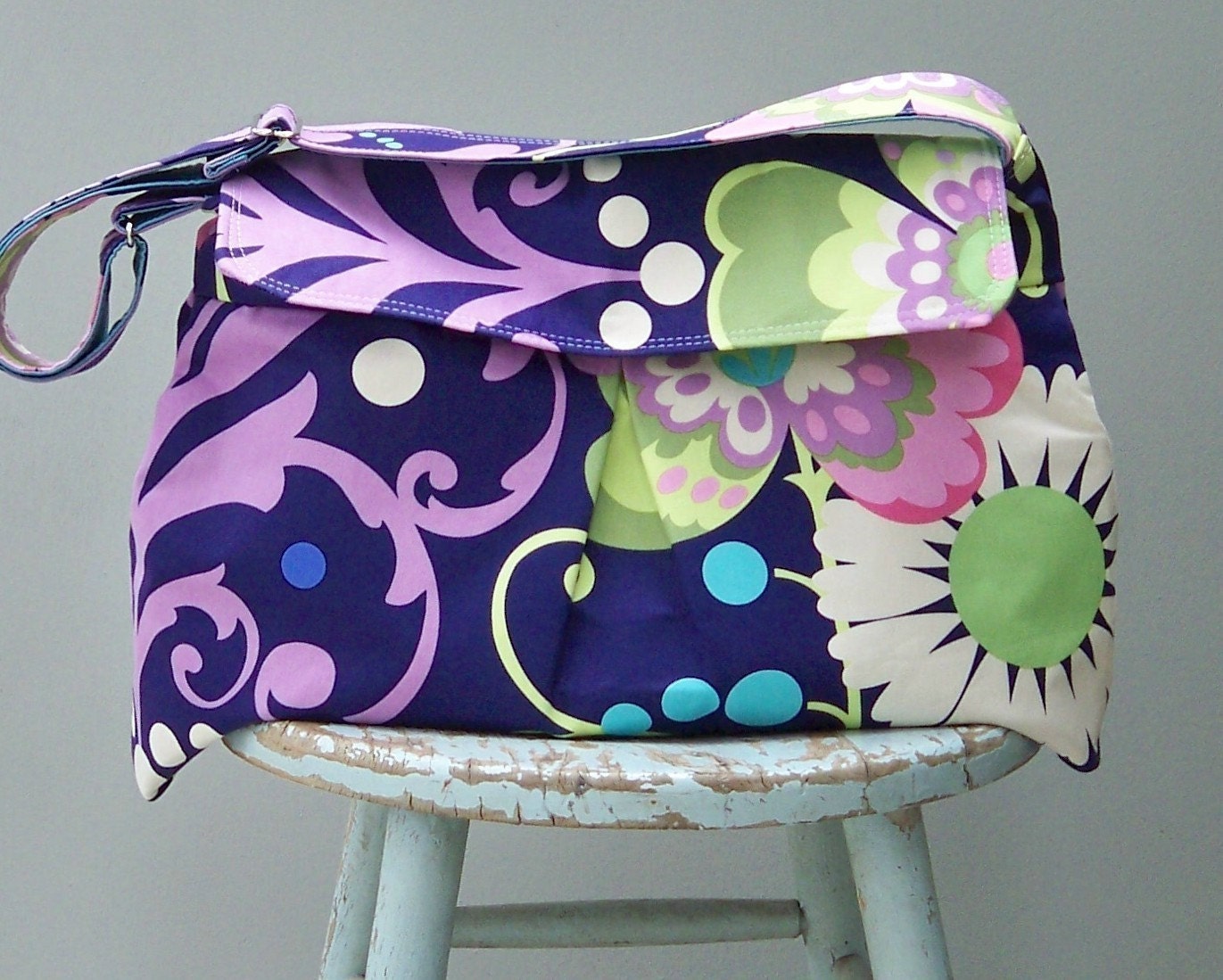 Blue Flower Messeneger Bag - - 3 Pockets - - Key Fob - - Adjustable Strap