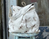 Dragonfly Bag Large Reversible Hobo Bag - - Tea Stained Dragonflies and Black Birds