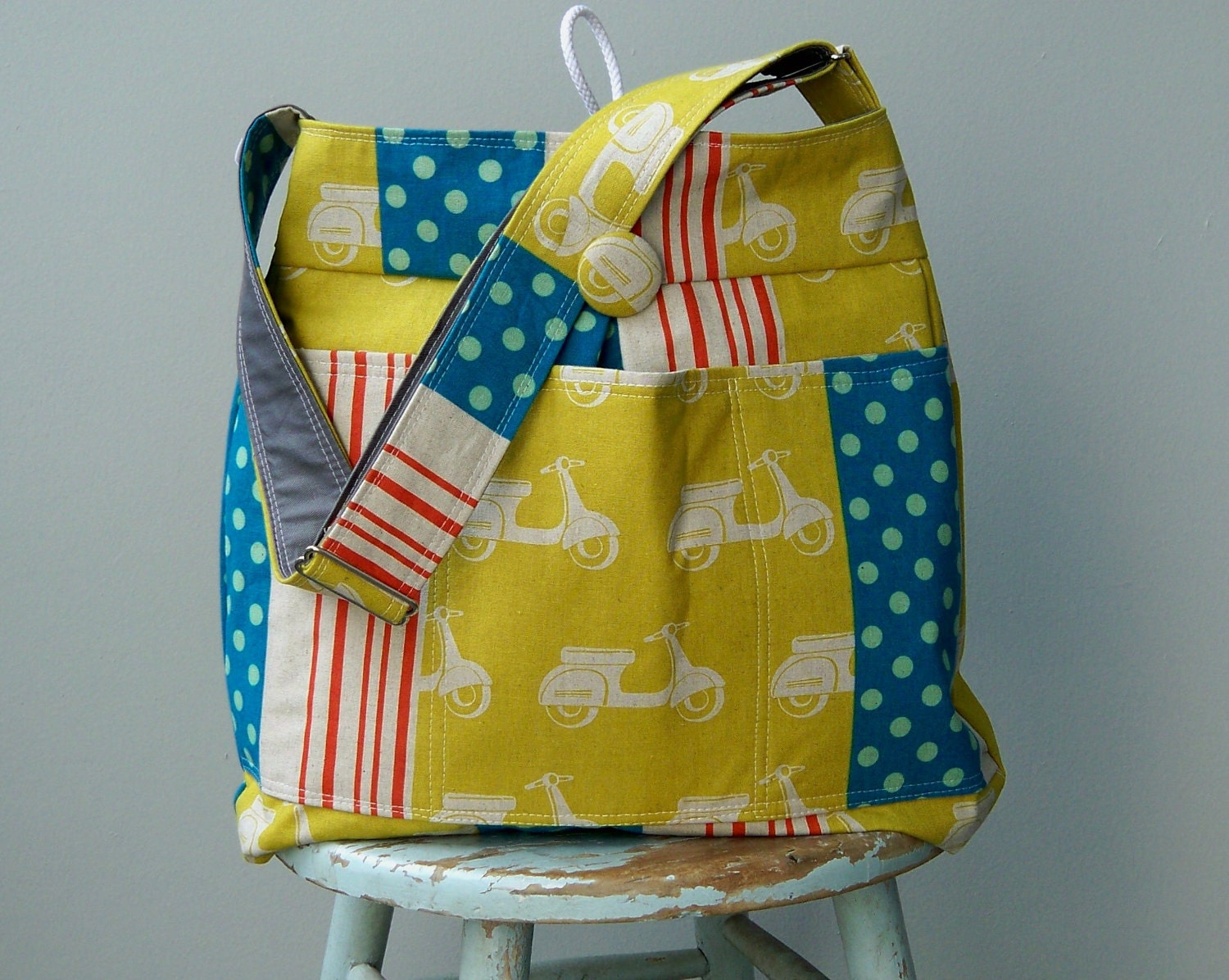 Blue Grey Diaper Bag Retro Scooters, 6 Pockets, Reversible, Adjustable Strap