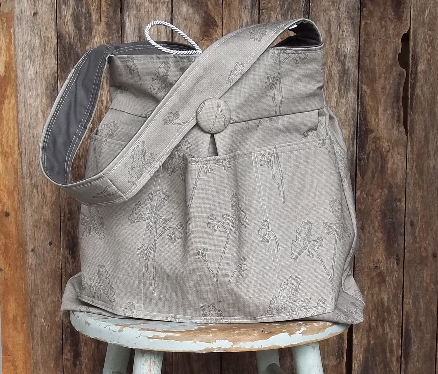 Grey Wildflower Knitting Bag - Craft Bag - Diaper Bag - 6 pockets - Reversible - Key Fob