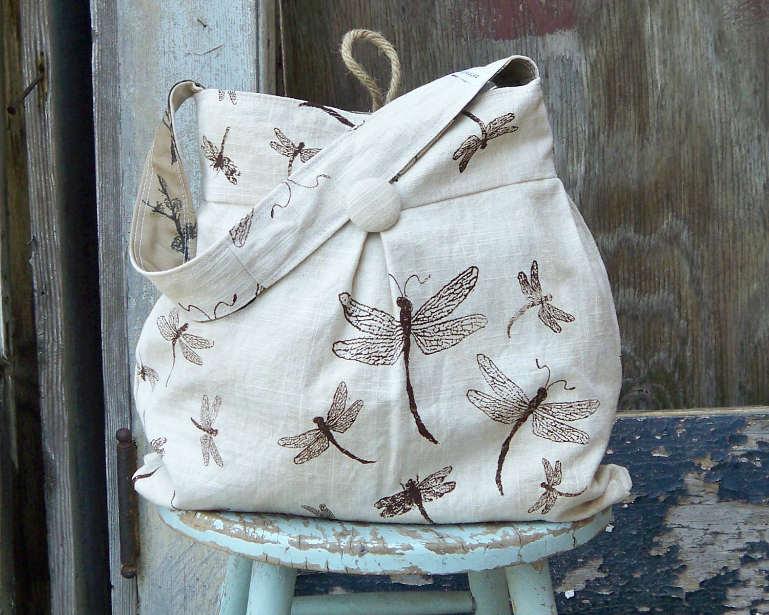 Dragonfly Bag Large Reversible Hobo Bag - - Tea Stained Dragonflies and Black Birds