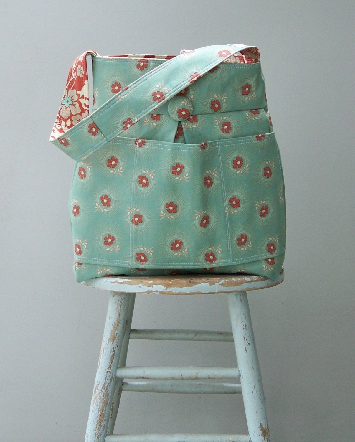 Earth tone Daper Bag - - Terra Cotta Deer Antler Fabric Joel Dewberry 6 Pockets Reversible
