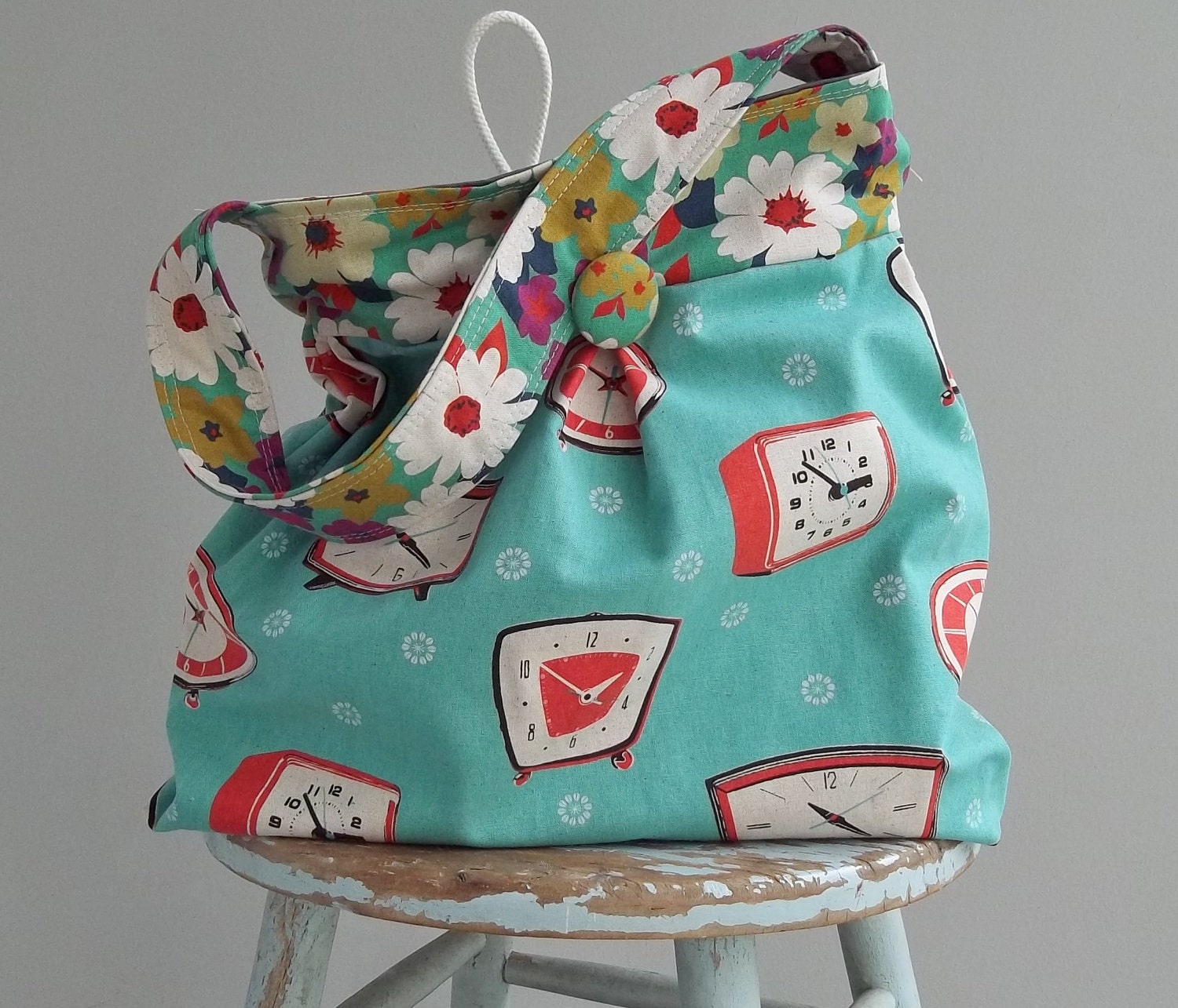 Retro Clock Hobo Bag and Pouch Set - 3 Pockets - Key Fob - Zipper Pouch