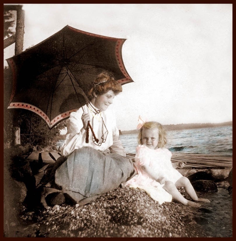 Little Girl Day at Beach with Grandma fine art tinted vintage photo