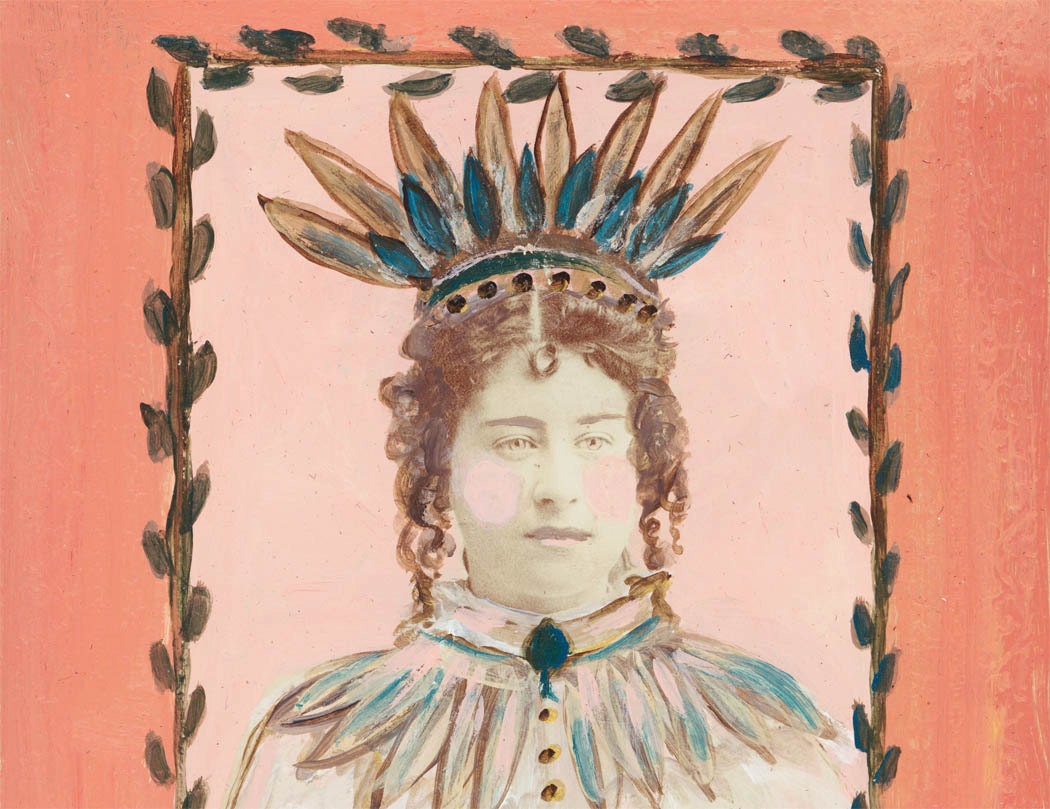 vintage photo Original Painted Photo Tribal Feather Crown Necklace Peachy Portrait