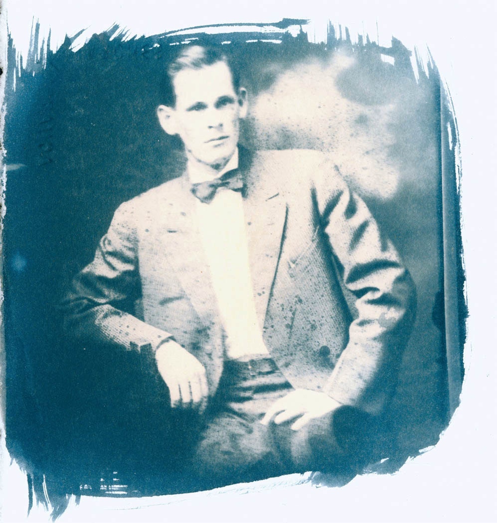 original Cyanotype Photo Man in Bow tie from Glass Negative