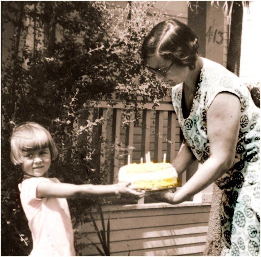Happy Birthday Card Little Girl Holds Cake w Mother vintage photo