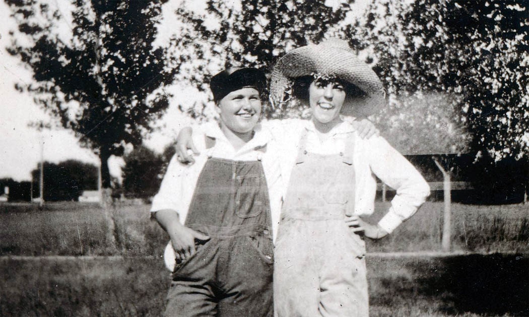 vintage photo Villlage Queens Betty and Dora overall teenage girls