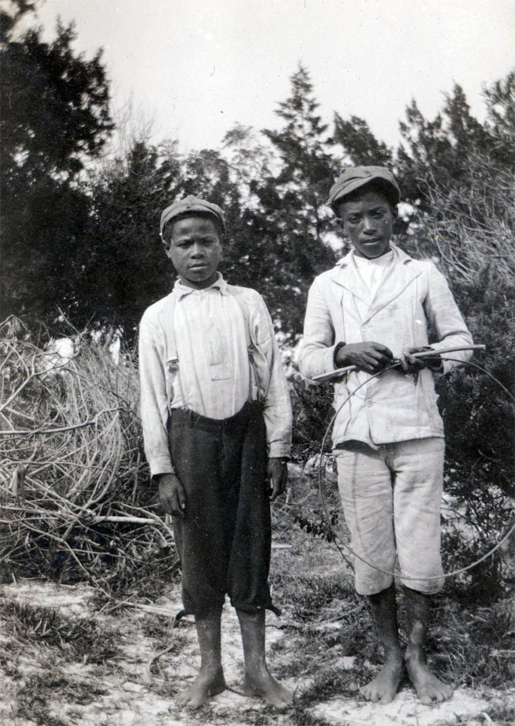 vintage photo 2 BOys Barefeet w Home made Hoop Toy Bermuda 1911