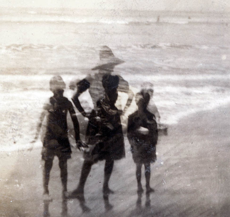 vintage photo 1909 Very Unusual Double Exposure Mom and kids at Beach silhouette