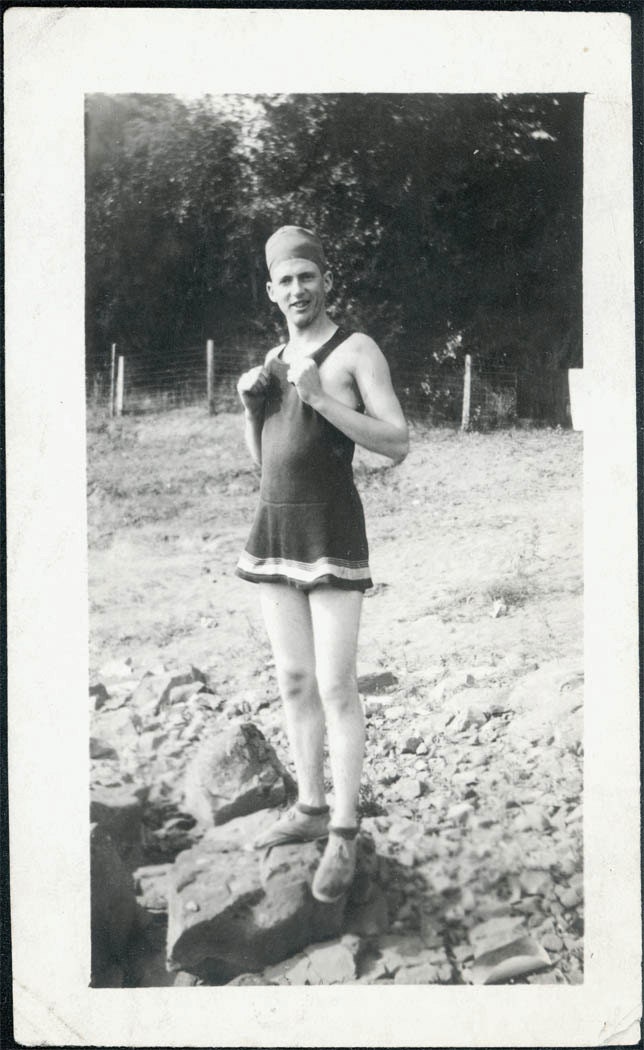 vintage photo 1918 Man wears Womens swimsuit and bathing cap