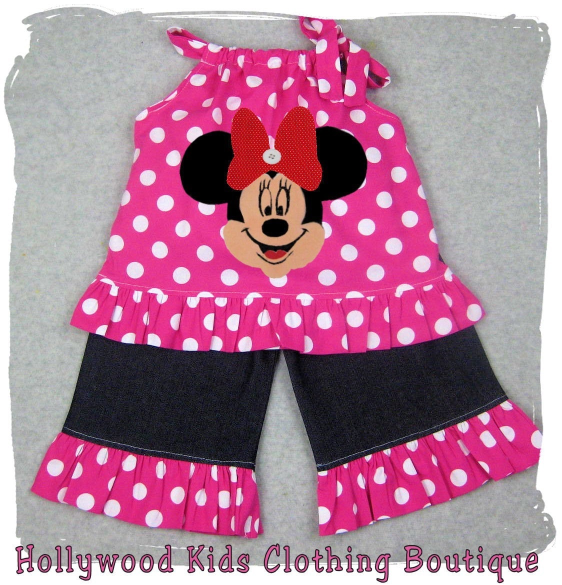 Custom Boutique Children Unique Handmade Cute Little Newborn Infant Toddler Baby Girl Clothes Clothing Fuschia Polka Minnie Mouse Pillowcase Tunic Dress Top Matching Denim Ruffle Pant Bottom Outfit Set 3 6 9 12 18 24 month size 2T 2 3T 3 4T 4 5T 5 6 7 8