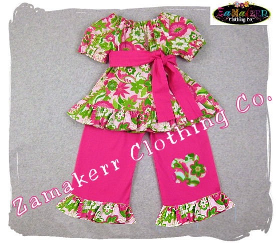 Custom Boutique Baby Girl Clothing Floral Peasant Top Pink Ruffle Pant Bottom Outfit Set 3 6 9 12 18 24 month size 2T 2 3T 3 4T 4 5T 5 6 7 8