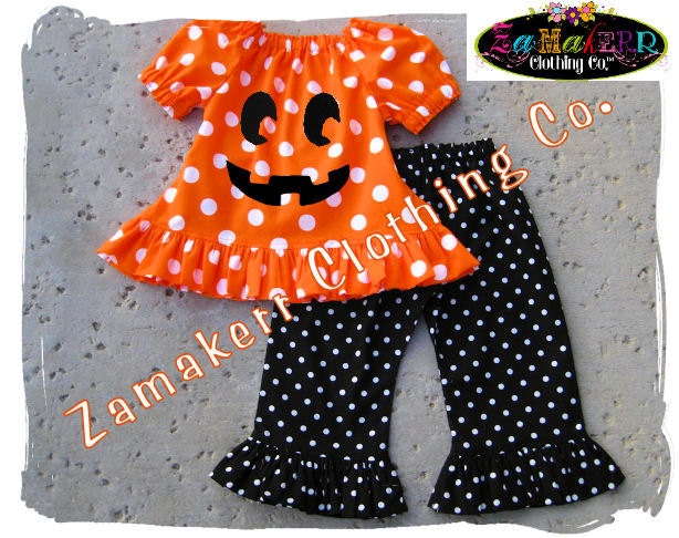 Custom Boutique Clothing Halloween Peasant Pumpkin Face Top Ruffle Pant Outfit Set 3 6 9 12 18 24 month size 2T 2 3T 3 4T 4 5T 5 6 7 8
