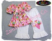 Custom Boutique Girls Clothing  Yummy Pink Ice Cream Peasant Top White Ruffle Pant Outfit Set 3 6 9 12 18 24 month 2T 2 3T 3 4T 4 5T 5 6 7 8
