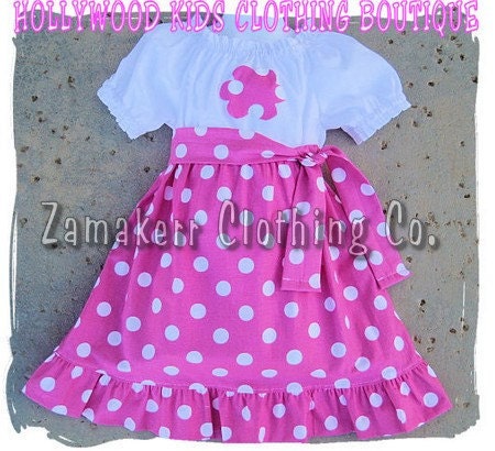 Custom Boutique Girl Clothing Pink Polka Dot Peasant Dress w/ Sash Outfit Set 3 6 9 12 18 24 month 2T 2 3T 3 4T 4 5T 5 6 7 8