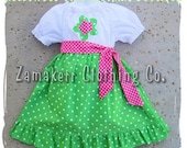 Custom Boutique Girl Clothing Hot Pink and Lime Peasant Dress w/ Sash Outfit Set 3 6 9 12 18 24 month 2T 2 3T 3 4T 4 5T 5 6 7 8