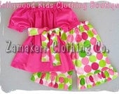 Custom Boutique Clothing Peasant Dress Top Polka Dot Ruffled Pant Outfit Set 3 6 9 12 18 24 month size 2T 2 3T 3 4T 4 5T 5 6 7 8
