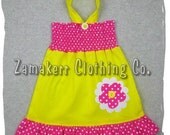 Custom Boutique Clothing Hot Pink Dots Yellow Daisy Floral Tunic Smocked Ruffle Dress 3 6 9 12 18 24 month size 2T 2 3T 3 4T 4 5T 5 6 7 8