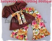Custom Boutique Clothing Brown Peasant Dress Top Floral Ruffled Pant Outfit Set 3 6 9 12 18 24 month 2T 2 3T 3 4T 4 5T 5 6 7 8