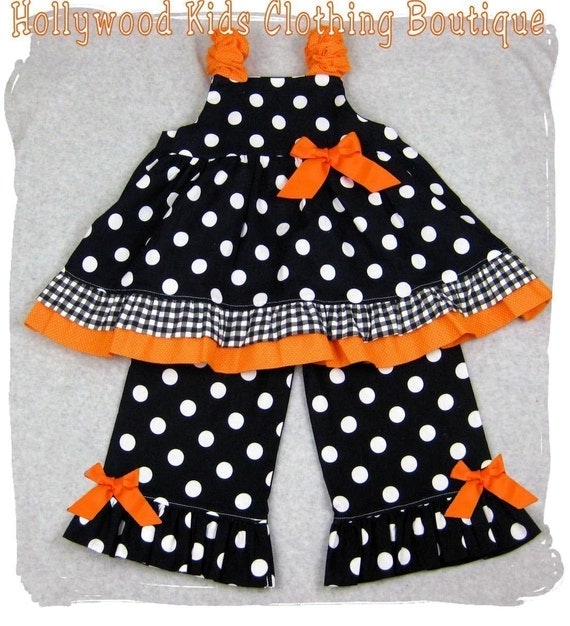 Custom Boutique Clothing Halloween Black Orange Twirl Dress Top Ruffle Pant Outfit Set 3 6 9 12 18 24 month size 2T 2 3T 3 4T 4 5T 5 6 7 8