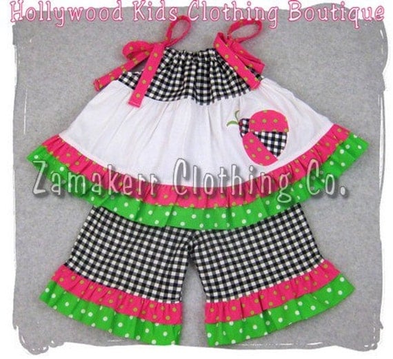 Custom Boutique Clothing Gingham N Dots Ladybug Pillowcase Top Ruffle Pant Outfit Set 3 6 9 12 18 24 month size 2T 2 3T 3 4T 4 5T 5 6 7 8