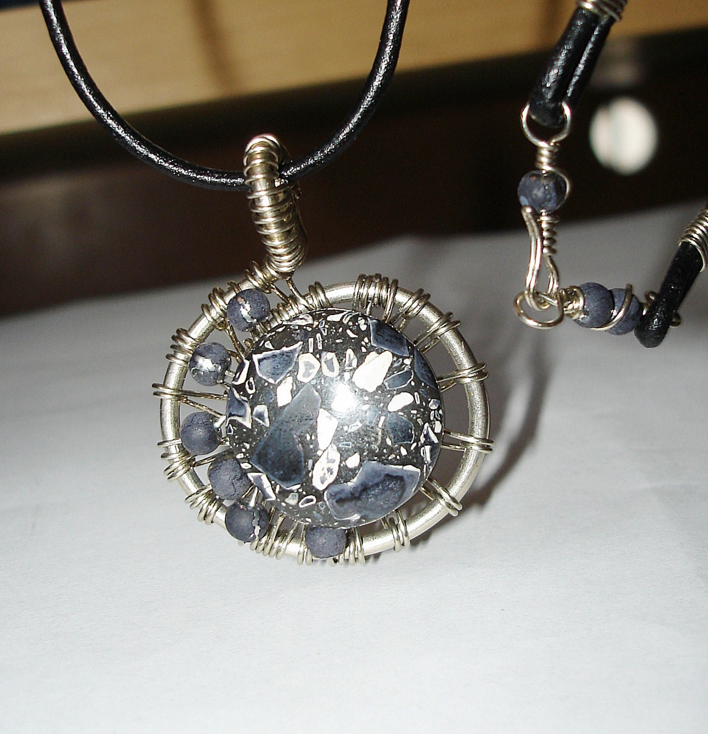 Necklace Wirewrap Black Spiral 21 inch leather cord