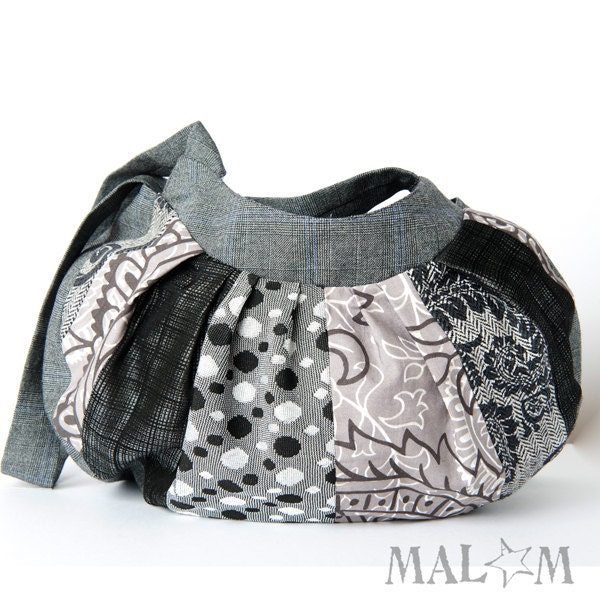 Grey purse - handbag in grey patterned patchwork - OOAK
