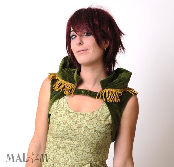 Green velvet Bolero with fringes and draped high epaulettes