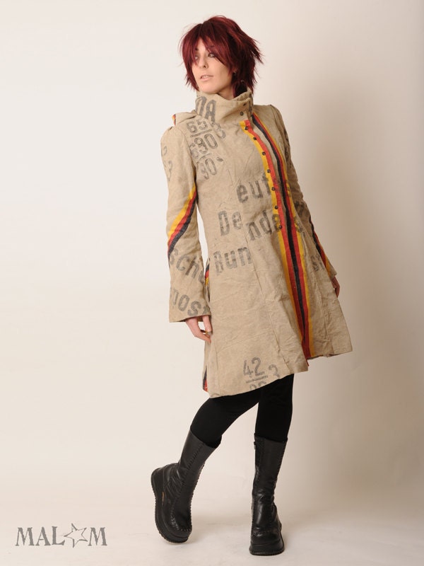 Repurposed Clothing - Recycled Coat with Goblin Hood and tall collar - Repurposed German postal bags - Eco fashion