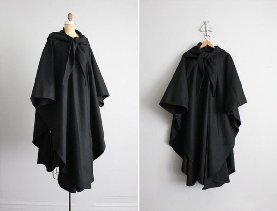 vintage black wool hooded cape