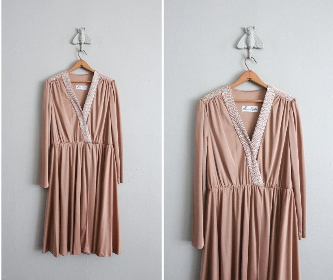 1970s vintage shimmer taupe beaded jersey dress