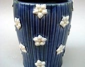 Pinstriped White Blossoms Vase in Cobalt Blue - Handmade Stoneware Pottery