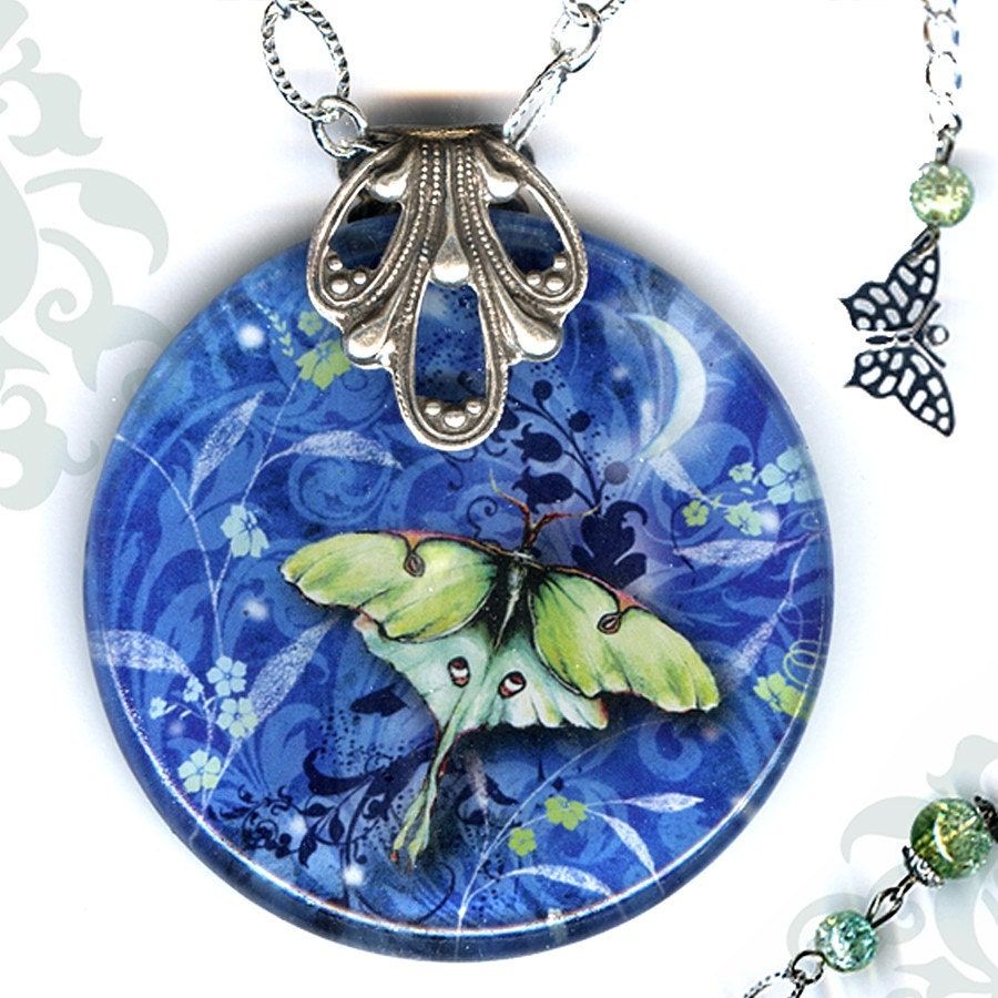 Luna Moth Necklace - Glass Art - Reversible - Nouveau Jardin Collection - Luna