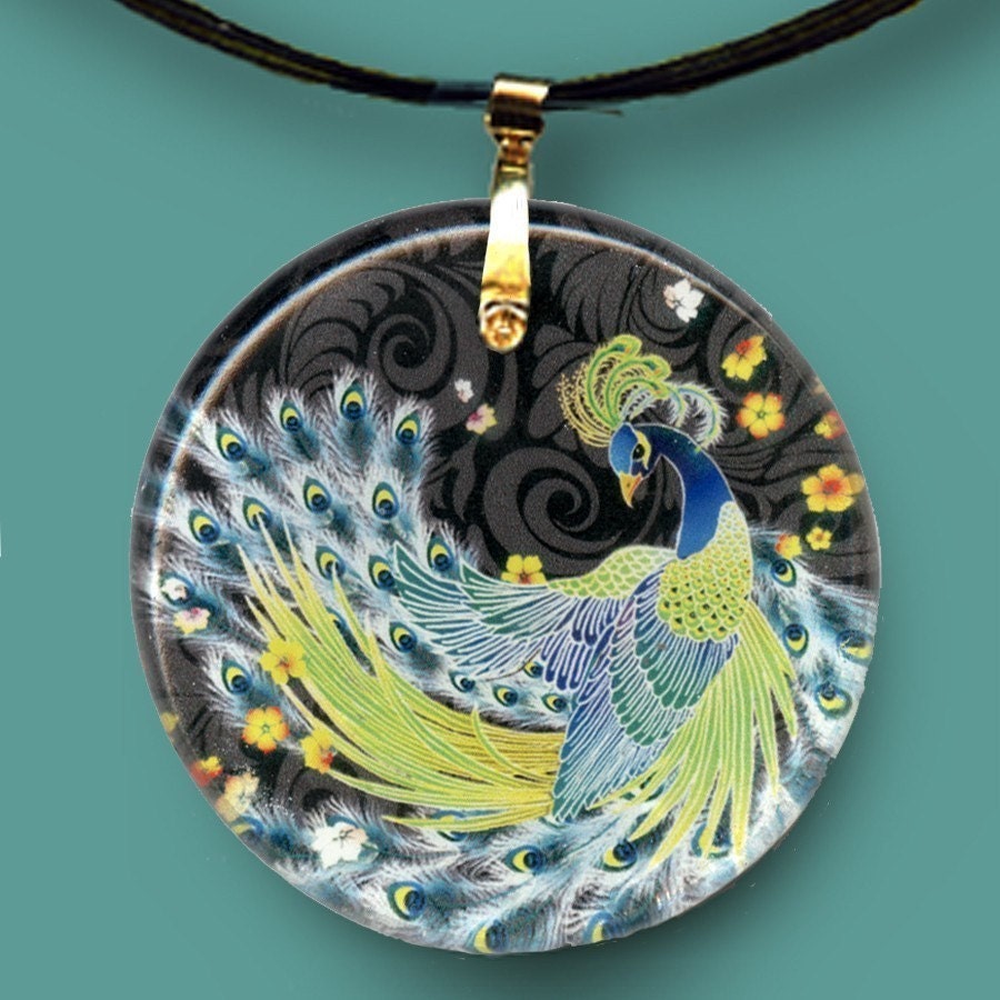 Peacock Noir Jewelry - Reversible Glass Art Necklaces - GeoForms Collection - Asian Peacock Floral Fantasia Noir
