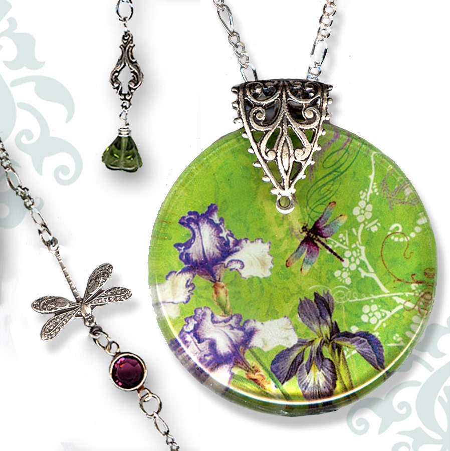 Petite Iris and Dragonfly Necklace - Reversible Glass Art -Voyageur - Nouveau Jardin Collection - Nouveau Plum Iris Garden