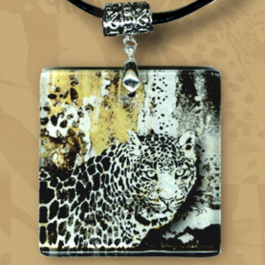 Snow Leopard Glass Tile Necklace - Reversible Glass Art - GeoForms - Wild of Heart Series