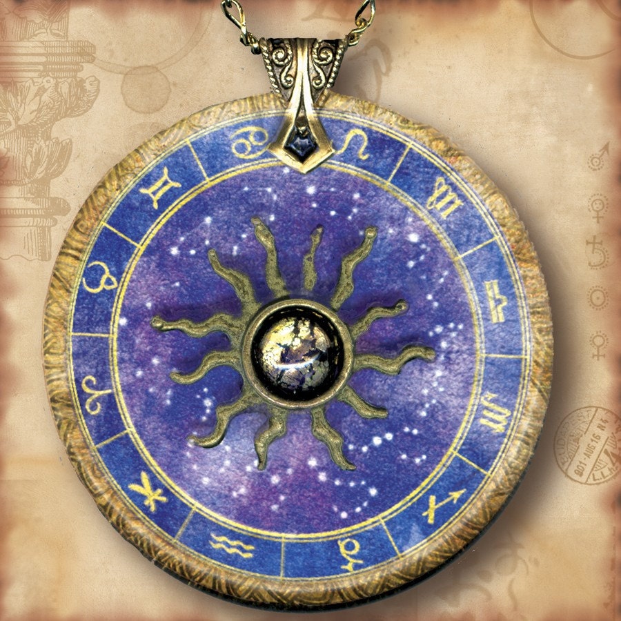 Astrology Chart Zodiac Necklace - Personalized Reversible Art Glass - Symbolz SHIMMERZ- The Ancient Mysteries Collection -Star Power