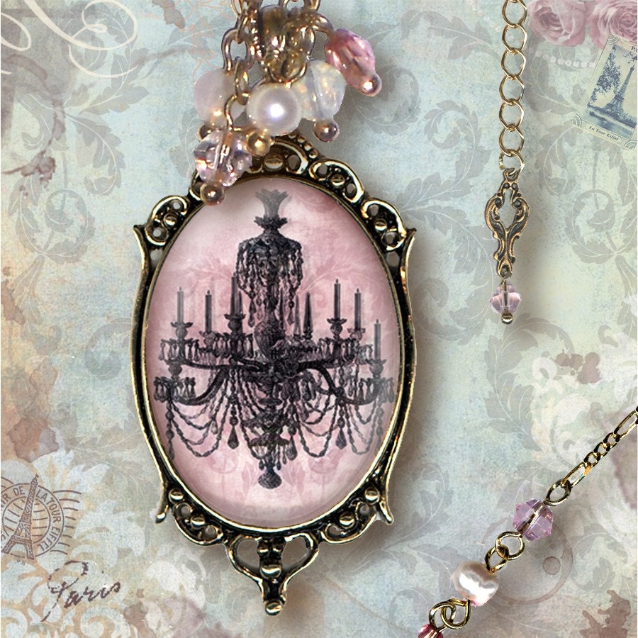 Pink Chandelier Necklace- Glass Frame - Vintage Paris Fashion - Salon De Paris Petite Chandelier