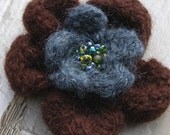 Unique Handmade Felt Flower Brooch One of a Kind Pin  Brown  Dusty Teal 151