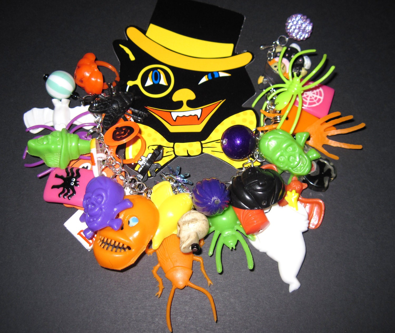 Halloween Charm Bracelet Gumball Machine Junk Toy Box Cracker Jack Prize OOAK Loaded Eclectic Statement Piece JOL Spider Bat Ghost Skull Bug