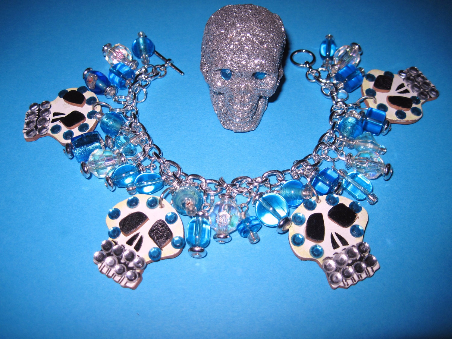 SUGAR SKULLS Charm Bracelet Day of The Dead Jewelry Dia De Los Muertos Jewels Bling Beads Glam Punk Rock Goth Lolita OOAK Statement Piece