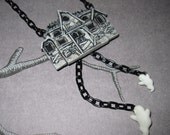Haunted House Halloween Necklace Jewelry Pendant Charm w/ Spooky Cute Dangling Ghosts Black Chain FREE SHIPPING To USA & Canada