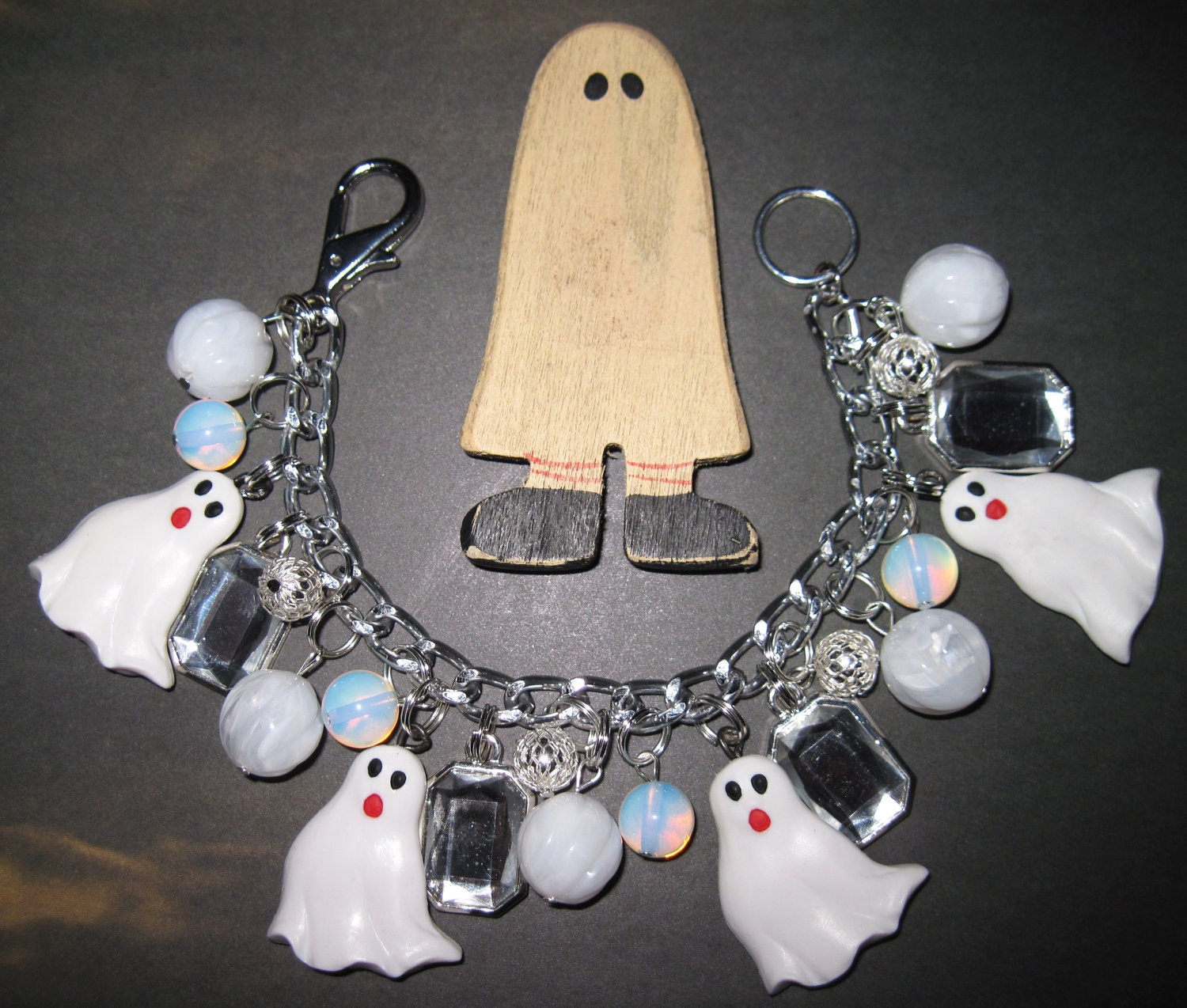 Ghost Charm Bracelet Halloween Jewelry Beads OOAK Vintage Style Statement Piece Spooky Cute Psychobilly